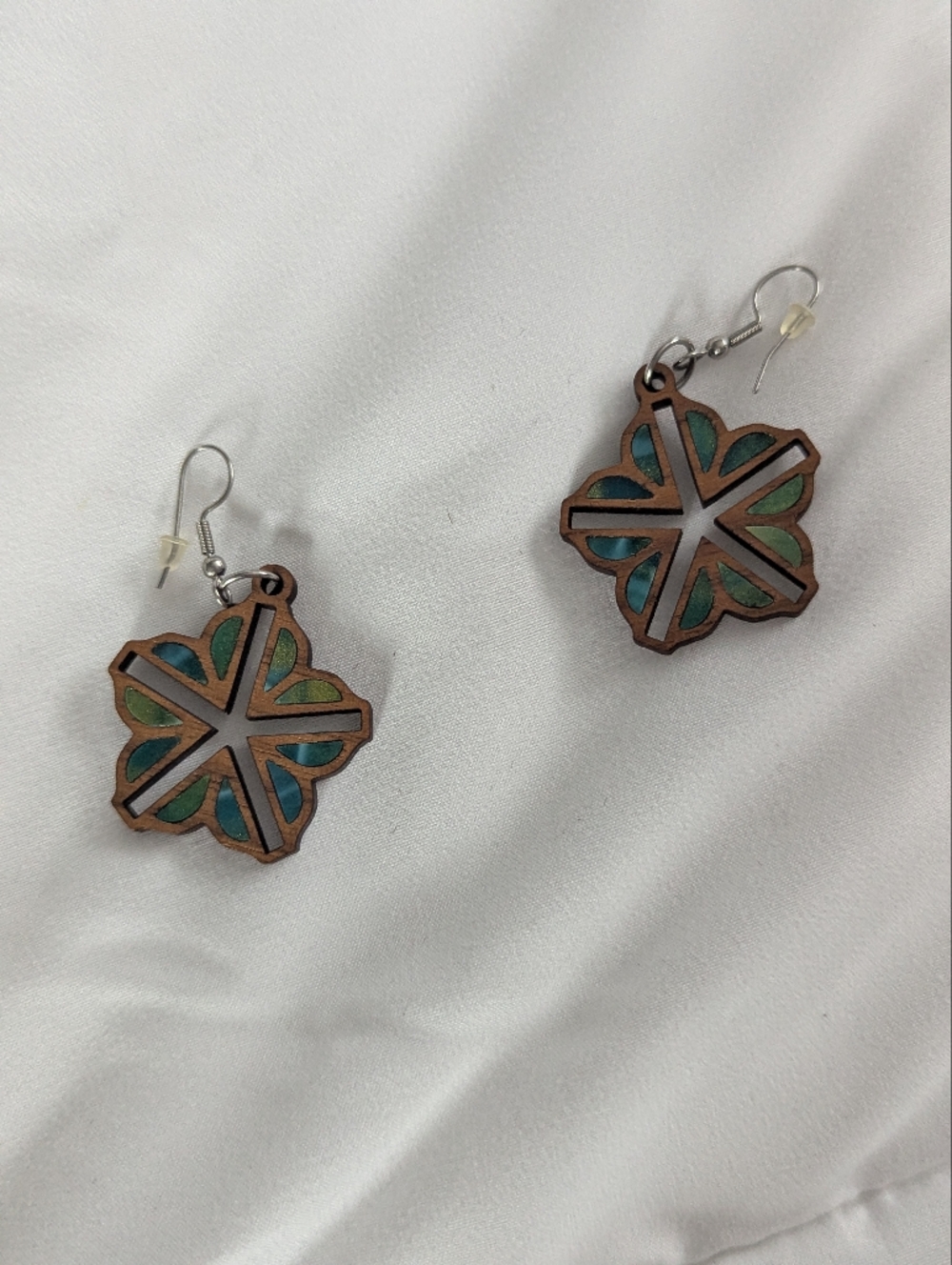 Wooden Floral Drop Earrings in Teal and Green